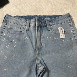Old Navy Floral Embroidered High Rise Jeans - Light Blue